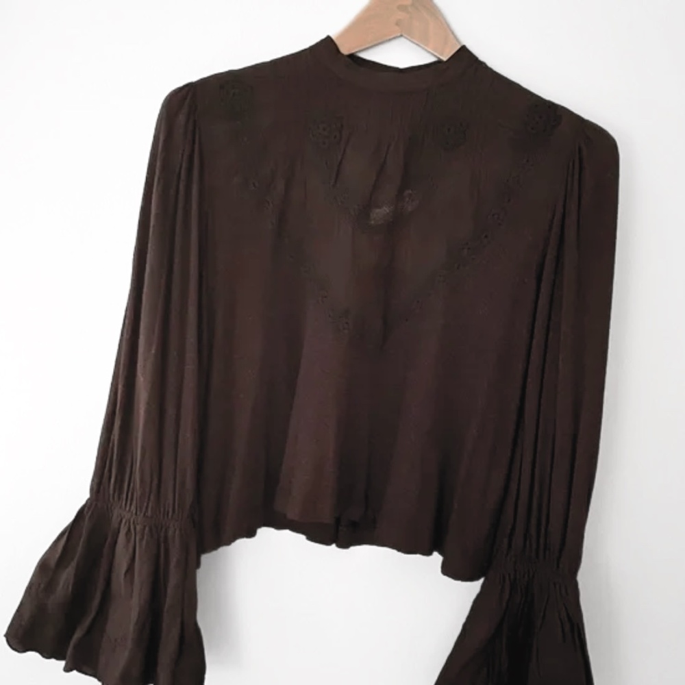 FREE PEOPLE Boho Femme Fatale Embroidered Long Sleeve Top - Anthracite